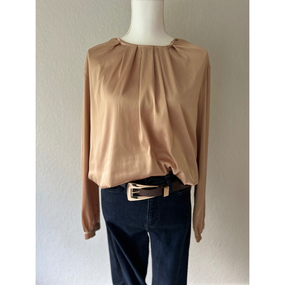 Champagne Satin Blouse Pleated Neck Long Sleeve Pearl Button Top
